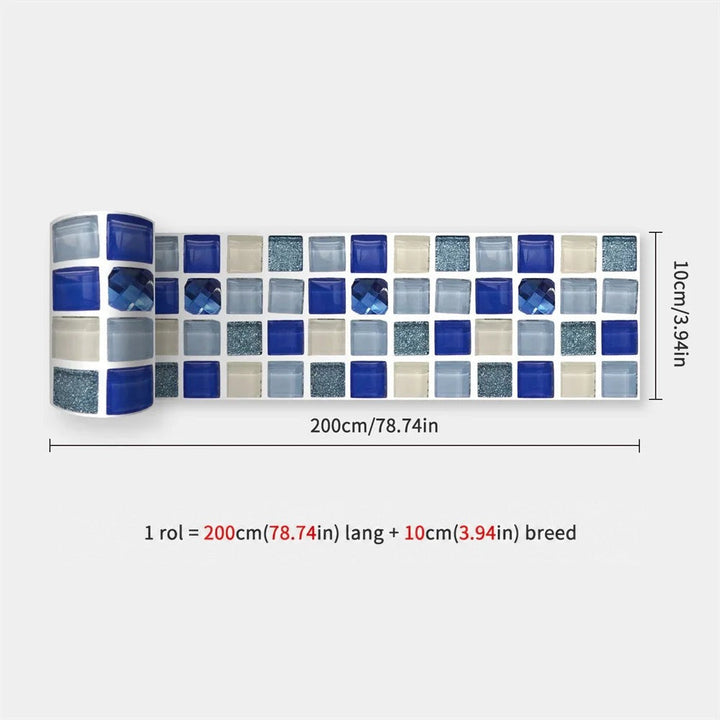 Opgerolde strook met glanzende mozaïektegeltjes in blauw, lichtblauw en crème met glitter, naast de afmetingen 33