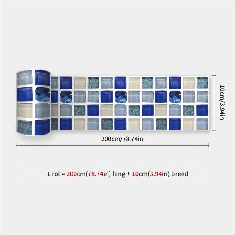 Opgerolde strook met glanzende mozaïektegeltjes in blauw, lichtblauw en crème met glitter, naast de afmetingen 33