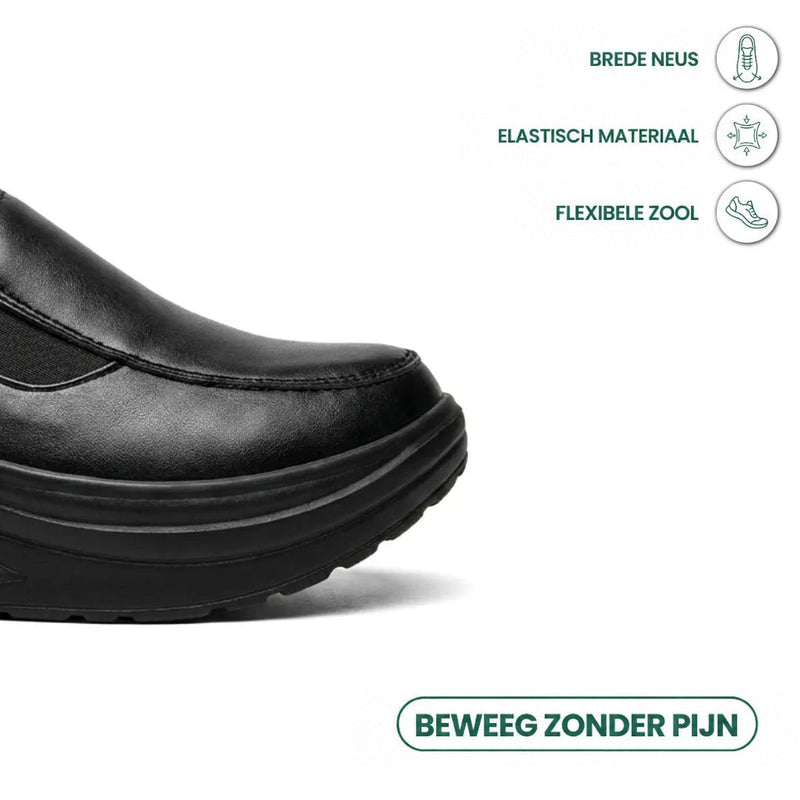 Detail van de brede zwarte neus met elastisch materiaal en flexibele zool, met kenmerkpictogrammen 5