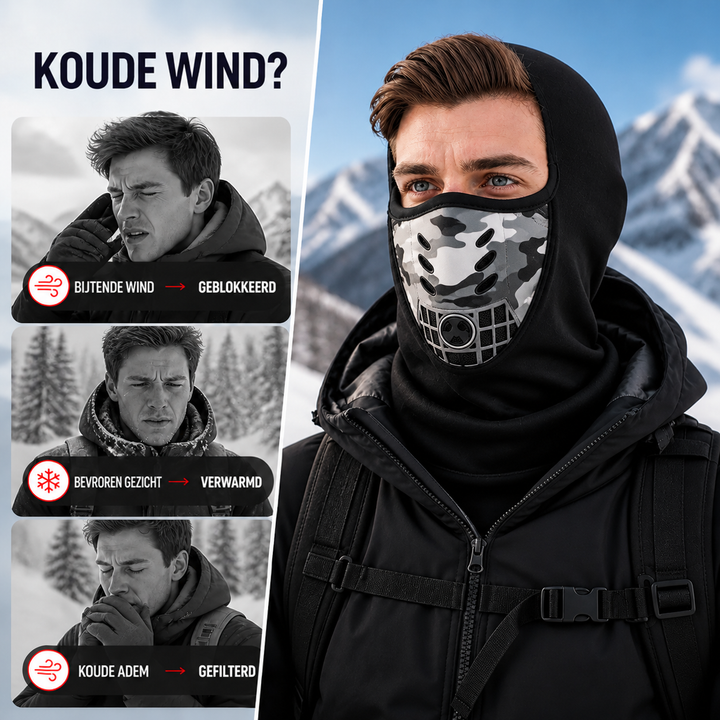 Man draagt de zwarte bivakmuts met camouflagepaneel in de sneeuw, naast drie kleine beelden van kou, wind en koude adem. 2