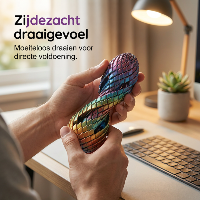 Twee handen draaien het drakenei open tot een gedraaide, regenboogkleurige vorm, aan een bureau met lamp en plant. 4