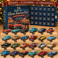 Blauwe adventskalender met 24 nummerlaatjes en daaronder 24 gekleurde klassieke Amerikaanse miniatuurauto's op houten treden 2
