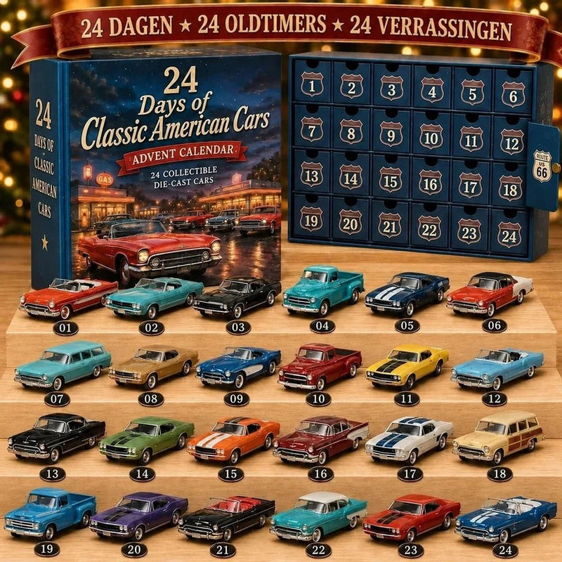 Blauwe adventskalender met 24 nummerlaatjes en daaronder 24 gekleurde klassieke Amerikaanse miniatuurauto's op houten treden 2