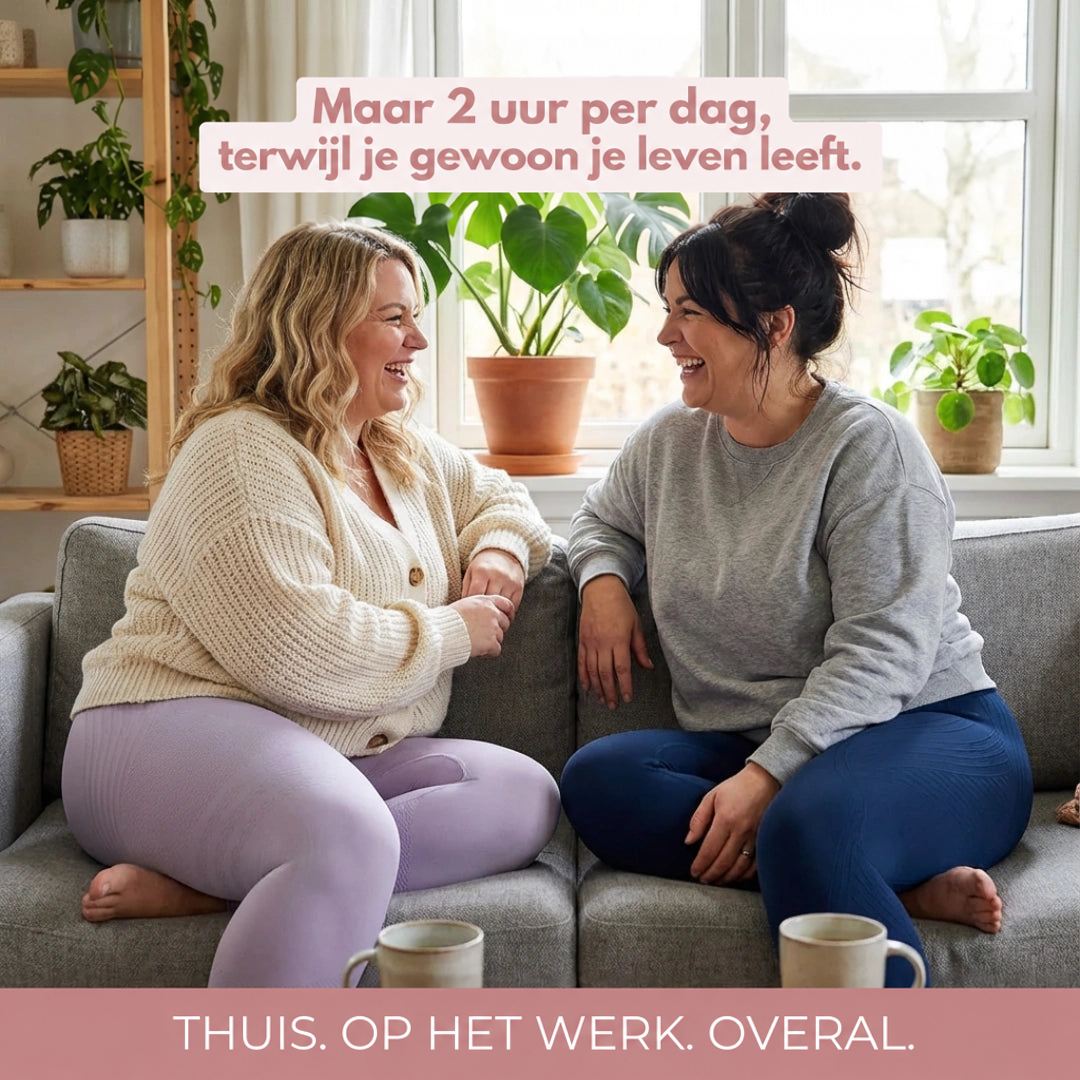 Twee lachende vrouwen op een bank in een lila en een donkerblauwe legging, met Duitse tekst over twee uur per dag dragen. 16