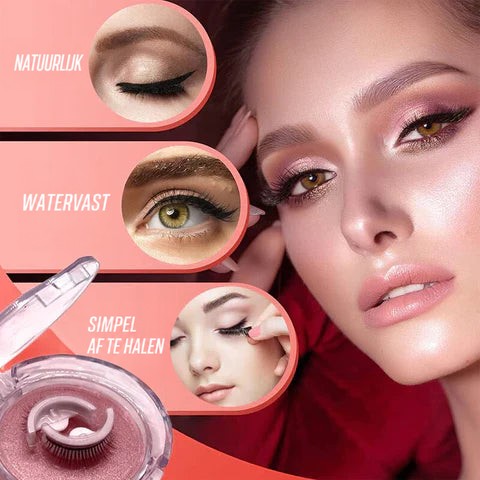 Collage van een model met roze oogmake-up, met drie ronde detailbeelden van natuurlijke look, waterbestendigheid en verwijderen, plus het open doosje. 3