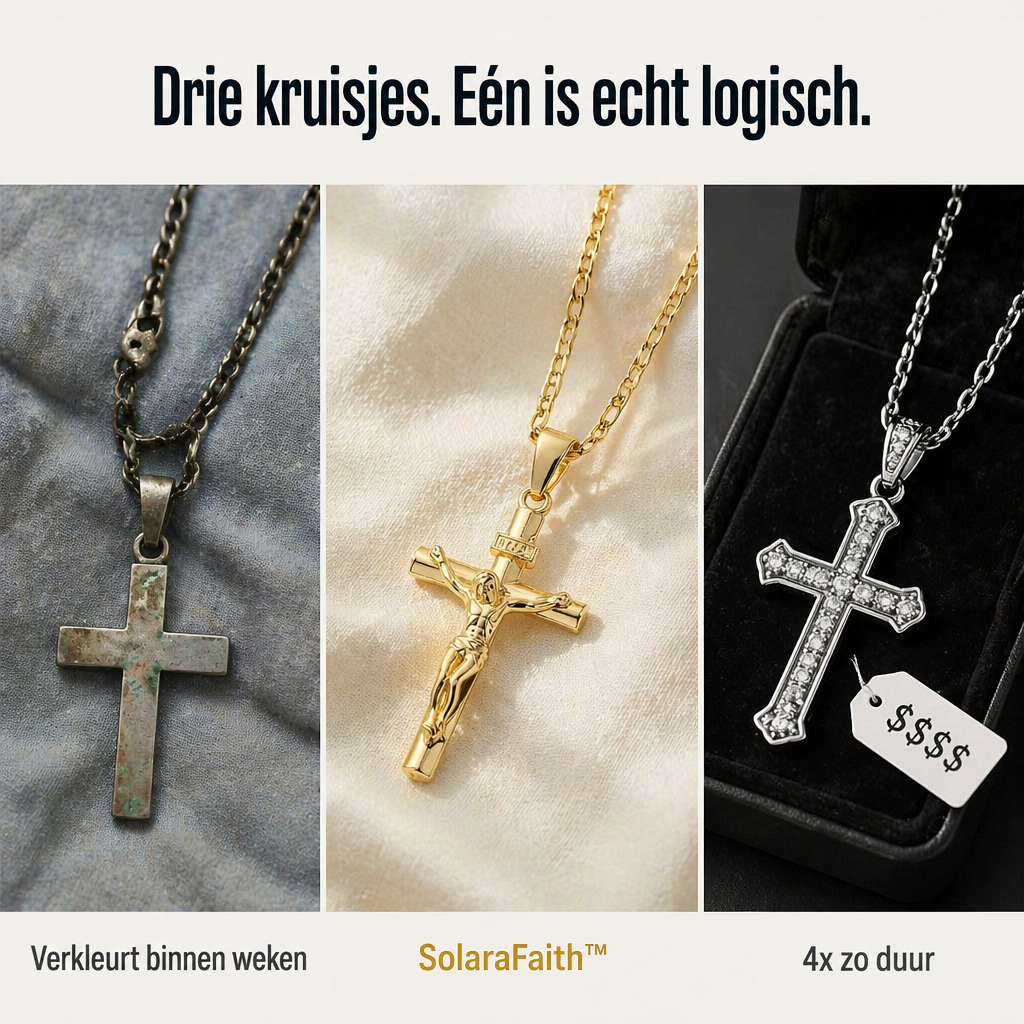 Collage van drie kruisen: een aangeslagen kruis, de gouden crucifix op satijn en een kruis met stenen 5