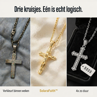 Collage van drie kruisen: een aangeslagen kruis, de gouden crucifix op satijn en een kruis met stenen 5