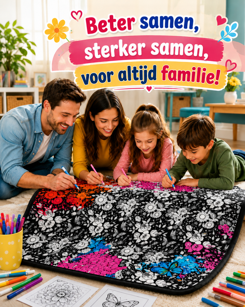Gezin met twee kinderen kleurt samen met stiften een zwart-witte bloemendeken die op de vloer ligt 3