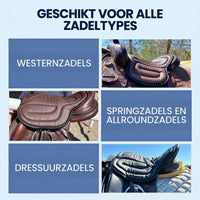 Collage van het zadelkussen op een westernzadel, een springzadel en een dressuurzadel 6