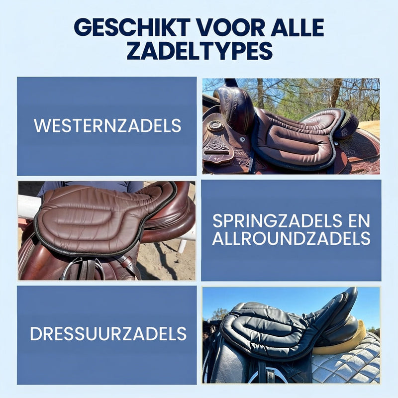 Collage van het zadelkussen op een westernzadel, een springzadel en een dressuurzadel 6