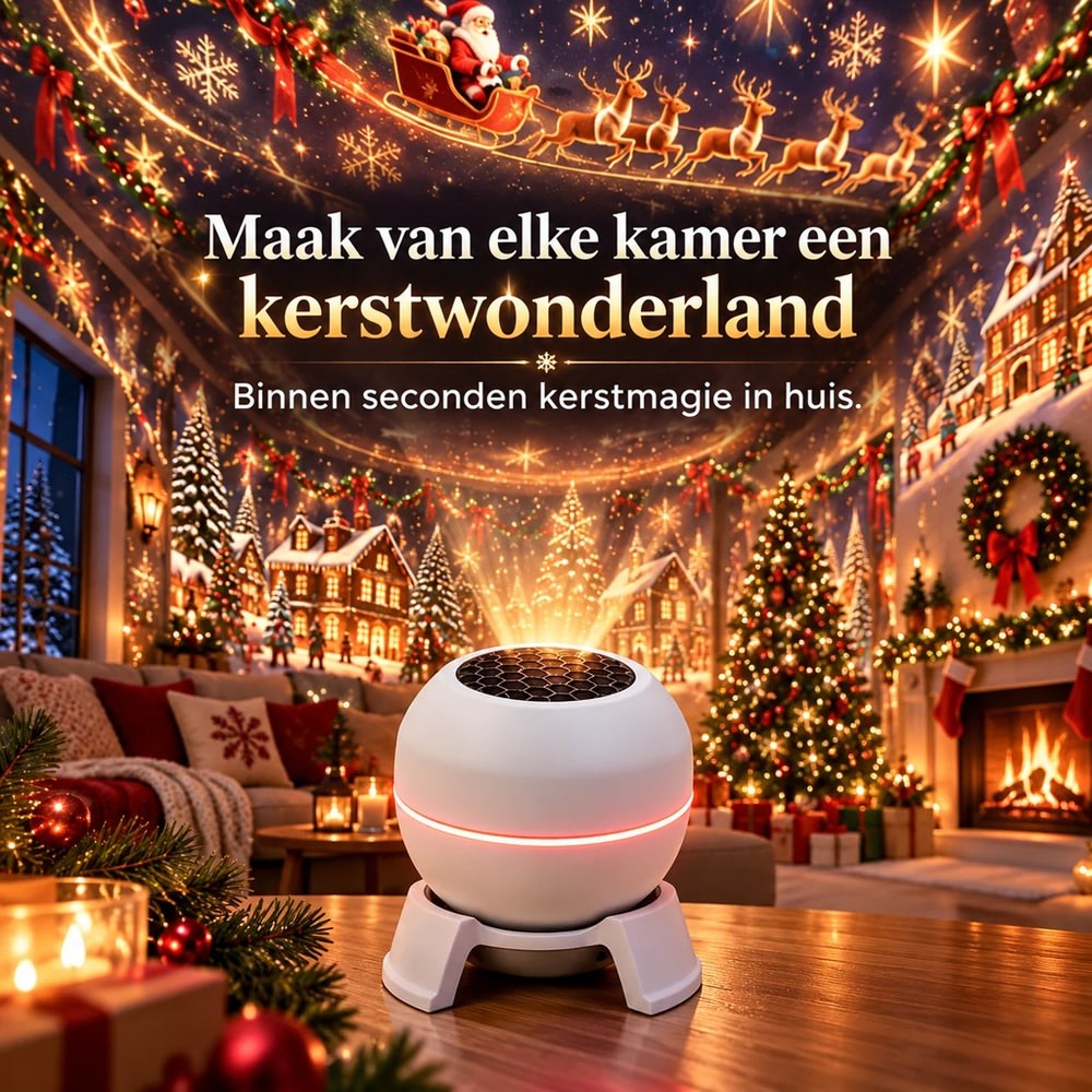 Witte bolprojector op een houten tafel projecteert een kerstdorp met kerstman en rendieren op de muren van een woonkamer 2