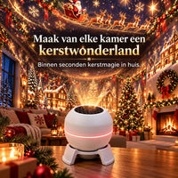 Witte bolprojector op een houten tafel projecteert een kerstdorp met kerstman en rendieren op de muren van een woonkamer 2
