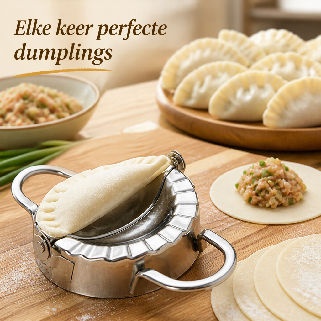 Roestvrijstalen dumplingvormpje met een gevouwen deegje op een houten plank, naast een bord afgewerkte dumplings, een schaaltje vulling en deegcirkels. 1