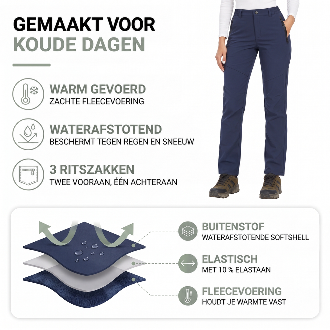 Infographic met model in marineblauwe broek en lagen: waterafstotende buitenstof, elastische middenlaag en zachte 2