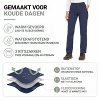 Infographic met model in marineblauwe broek en lagen: waterafstotende buitenstof, elastische middenlaag en zachte 2