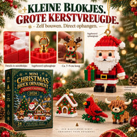 Close-ups van blokjesdetails, ophanglus en een rendier in een hand, met een grote kerstman en kleinere figuurtjes ernaast. 6