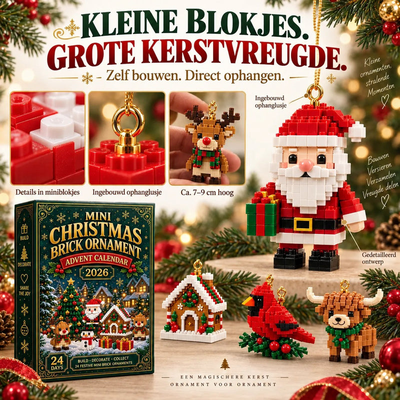 Close-ups van blokjesdetails, ophanglus en een rendier in een hand, met een grote kerstman en kleinere figuurtjes ernaast. 6