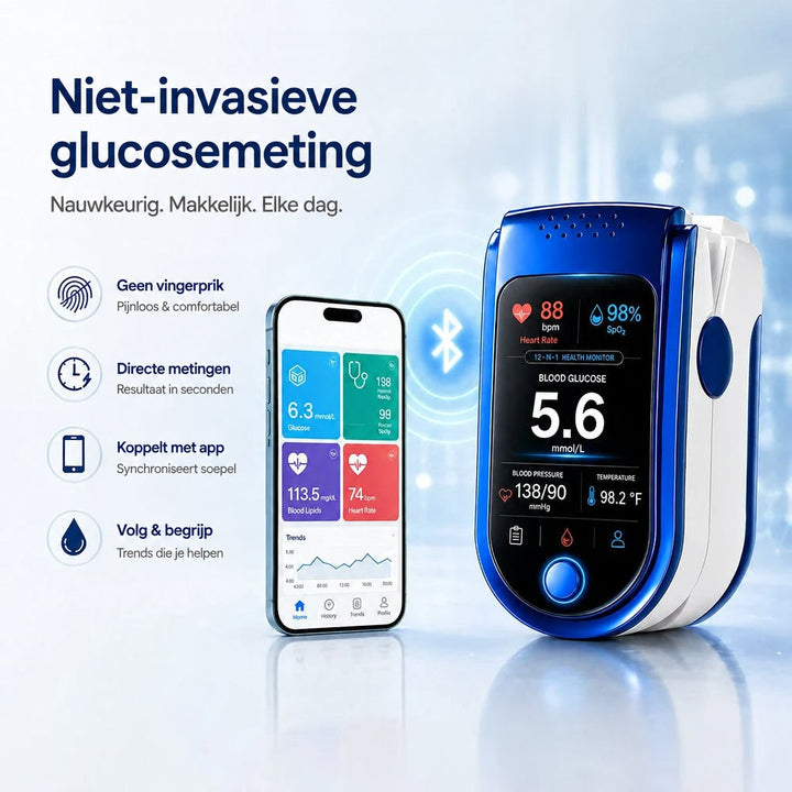 Monitor naast een smartphone met app-scherm, verbonden via een bluetooth-symbool, met pictogrammen voor de gebruiksvoordelen. 9