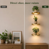 Voor-en-nawerking naast elkaar: links een dressoir vol planten en decoratie, rechts een lege wand met drie verlichte gouden plantenplanken erboven. 4