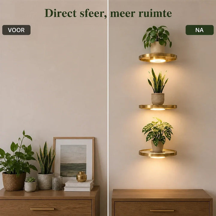 Voor-en-nawerking naast elkaar: links een dressoir vol planten en decoratie, rechts een lege wand met drie verlichte gouden plantenplanken erboven. 4