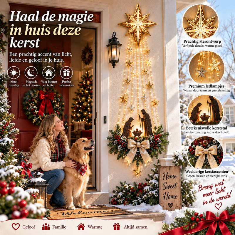 Vrouw met golden retriever op de veranda, naast de verlichte ster met vier ronde detailfoto's 8
