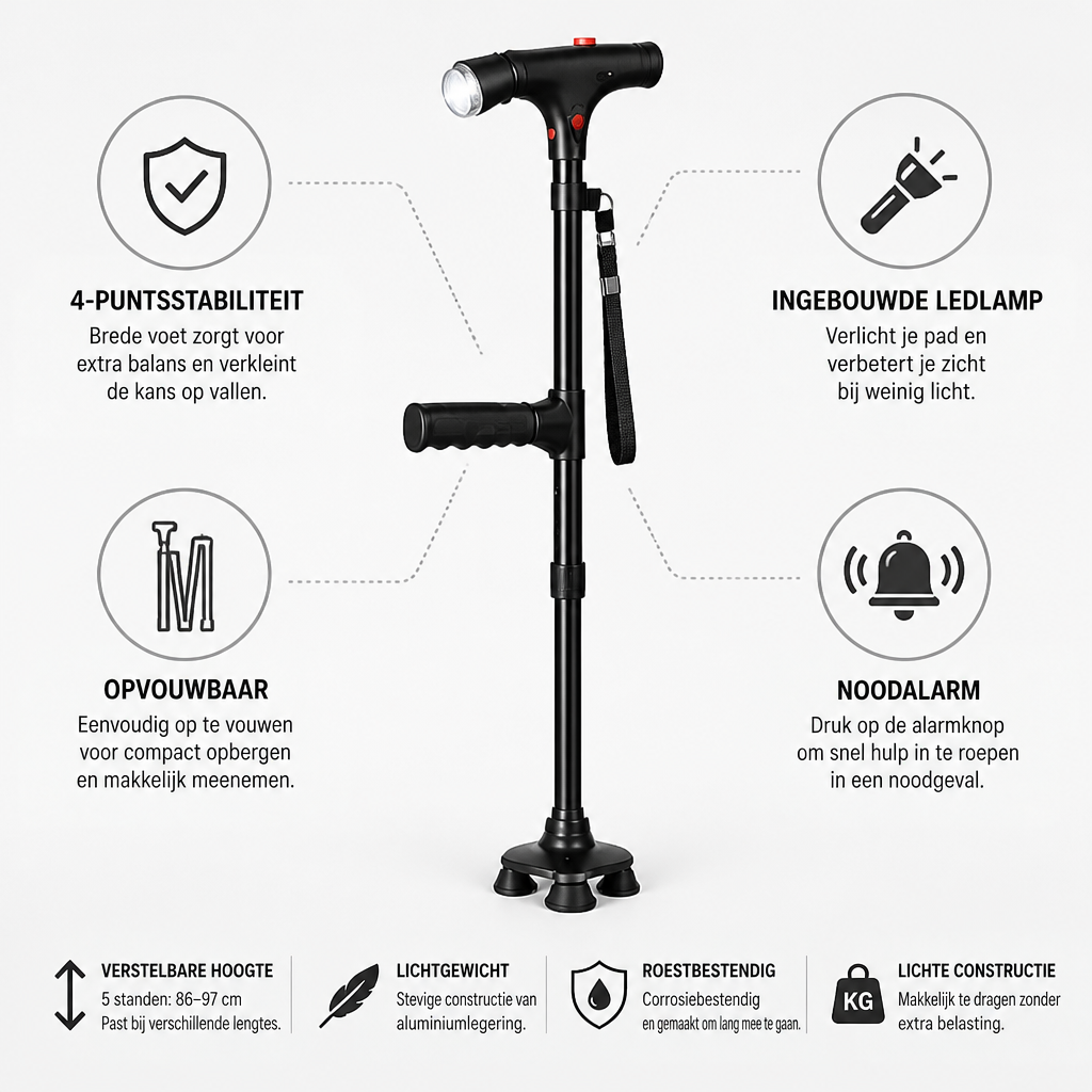 Wandelstok omringd door pictogrammen en korte uitleg over stabiliteit, ledlicht, opvouwbaarheid, alarm en hoogteverstelling 4