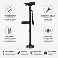 Wandelstok omringd door pictogrammen en korte uitleg over stabiliteit, ledlicht, opvouwbaarheid, alarm en hoogteverstelling 4