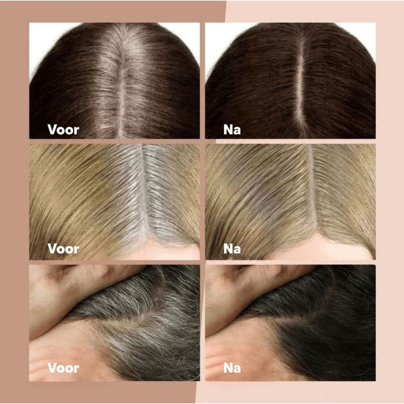 Drie voor-en-nafoto's van haarscheidingen op bruin, blond en donker haar, waarbij de grijze uitgroei na gebruik bijna verdwenen is. 2