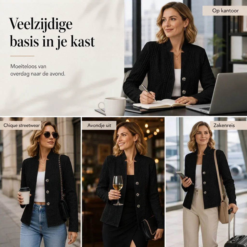 Collage van vier momenten met dezelfde zwarte gebreide blazer: op kantoor, in de stad met jeans, 's avonds met jurk en op reis. 21