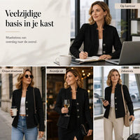 Collage van vier momenten met dezelfde zwarte gebreide blazer: op kantoor, in de stad met jeans, 's avonds met jurk en op reis. 21