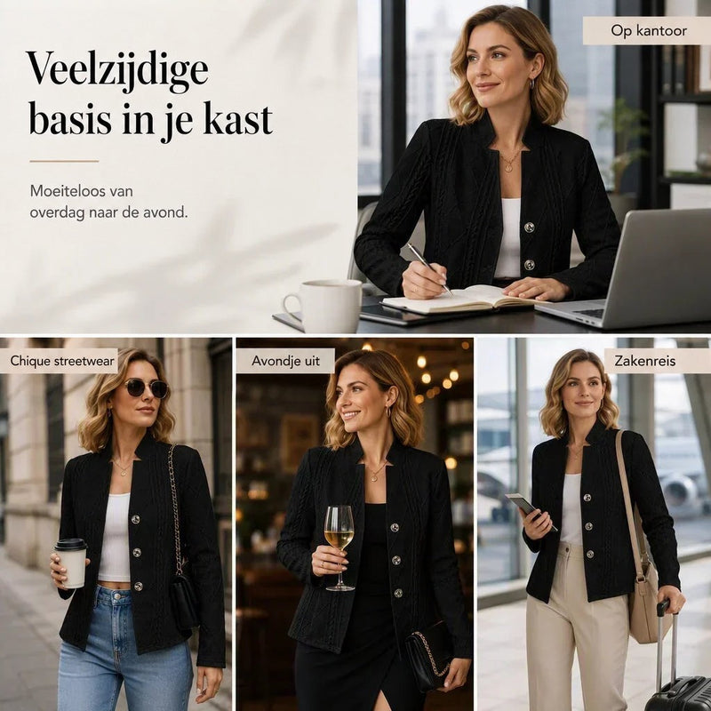 Collage van vier momenten met dezelfde zwarte gebreide blazer: op kantoor, in de stad met jeans, 's avonds met jurk en op reis. 21