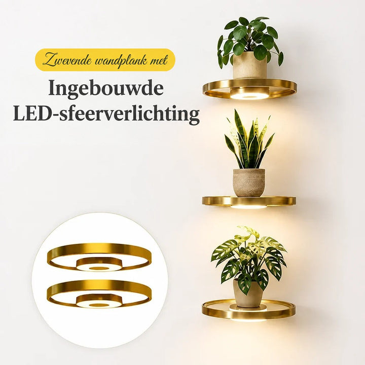 Drie verlichte gouden wandplanken met planten tegen een witte muur, met een inzet van twee losse ronde planken met ledlicht. 6