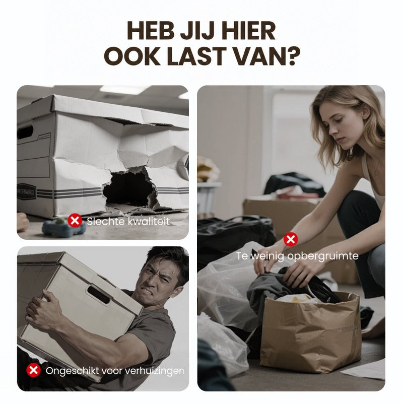 Collage van problemen met opslag: een kapotte kartonnen doos, een man die een zware doos draagt en een vrouw met te weinig ruimte. 2