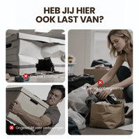 Collage van problemen met opslag: een kapotte kartonnen doos, een man die een zware doos draagt en een vrouw met te weinig ruimte. 2