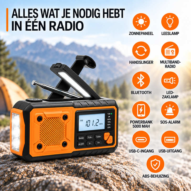 Radio op een rots in de bergen met pictogrammen van zonnepaneel, leeslamp, Bluetooth, powerbank en aansluitingen 7
