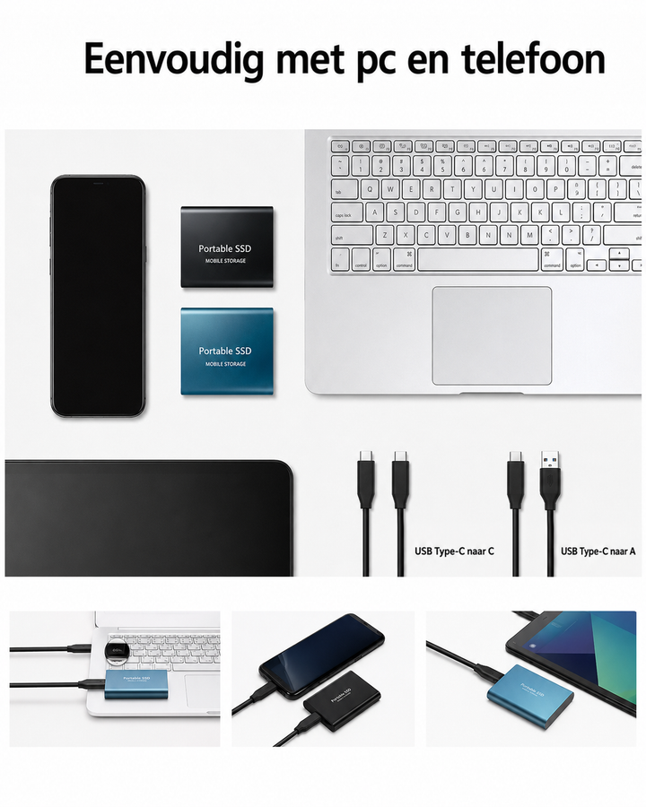 Bovenaanzicht van twee SSD's naast telefoon, laptop en tablet, met USB-C-kabels en kleine voorbeelden van het aansluiten. 4