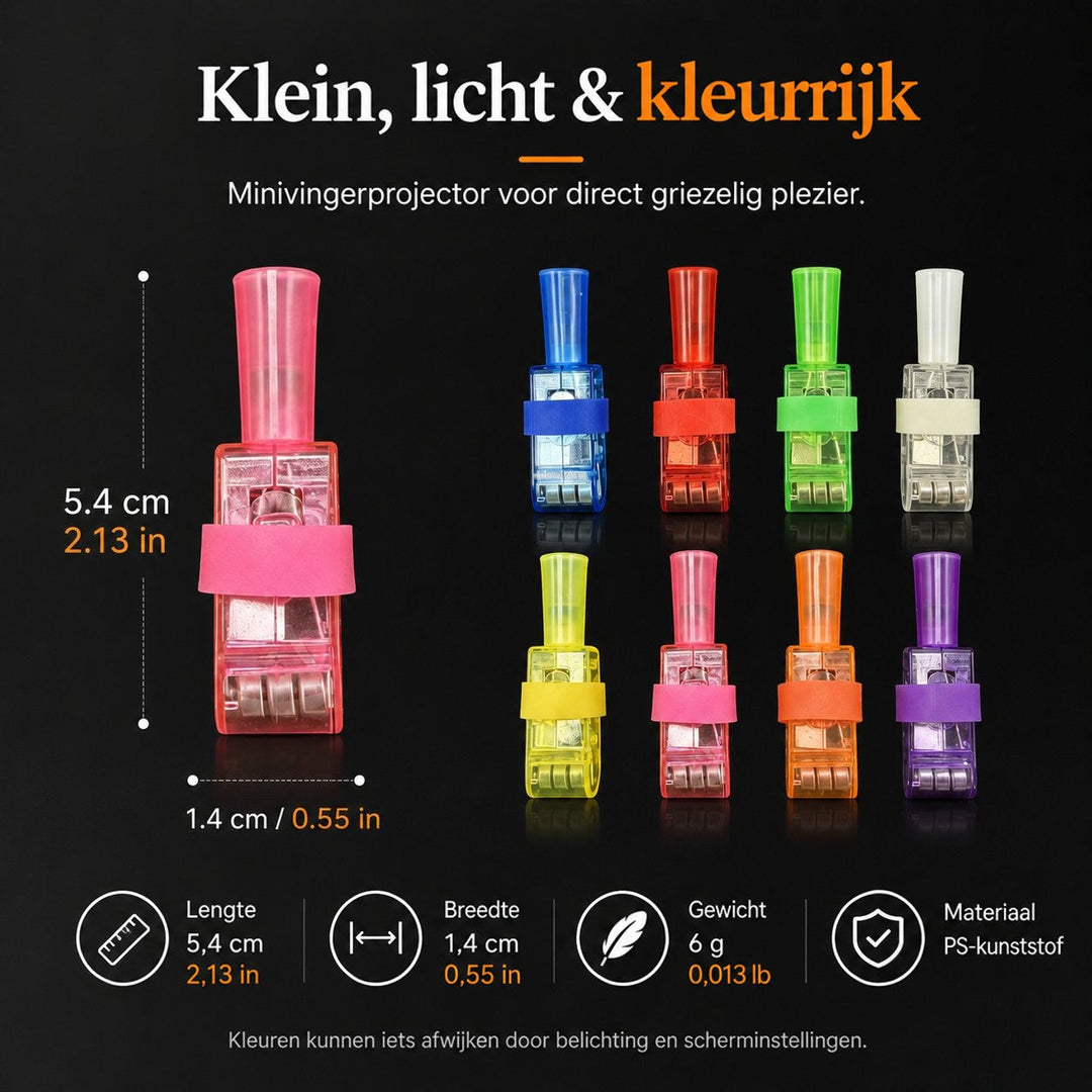 Roze vingerlampje met maataanduidingen naast zeven andere kleurvarianten, met icoontjes voor lengte, breedte, gewicht en 11
