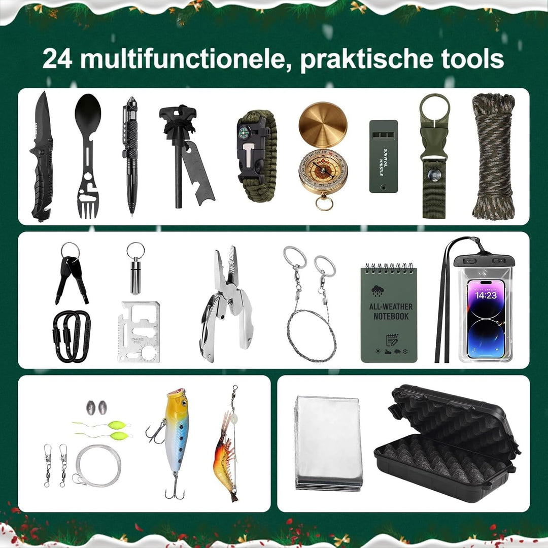 Overzicht van alle 24 uitrustingsstukken, zoals mes, kompas, paracordarmband en viskunstaas, geordend in vakken op groene 2