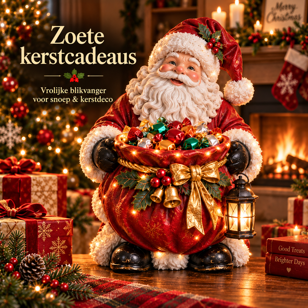 Kerstman met rode zak vol gekleurde snoepjes, een gouden strik en een lantaarn, tussen kerstversiering 1