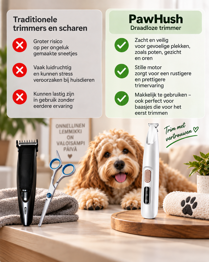 Vergelijking tussen een zwarte tondeuse met schaar en de kleine witte trimmer, met een hond erachter 4