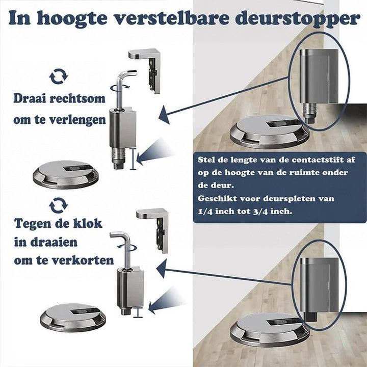 Schema dat toont hoe de stang van de deurstop langer of korter wordt gedraaid voor verschillende spleethoogtes 3