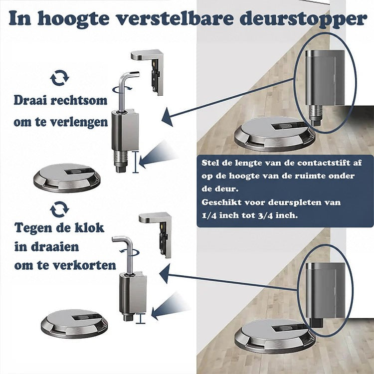 Schema dat toont hoe de stang van de deurstop langer of korter wordt gedraaid voor verschillende spleethoogtes 3