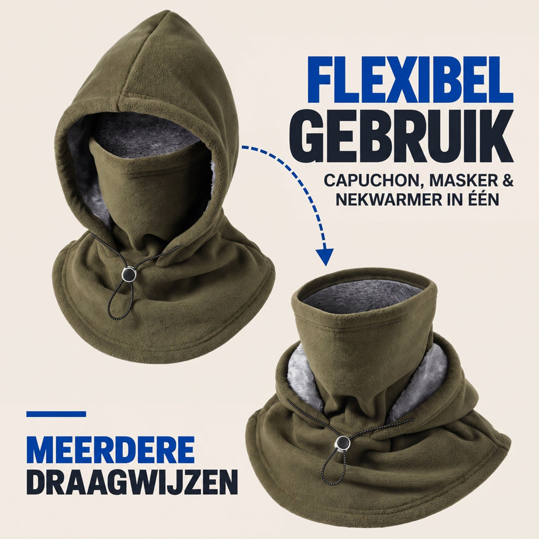Groene fleece bivakmuts als capuchon met gezichtsbescherming en daarnaast omgevouwen gedragen als nekwarmer 3