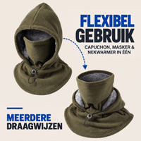 Groene fleece bivakmuts als capuchon met gezichtsbescherming en daarnaast omgevouwen gedragen als nekwarmer 3