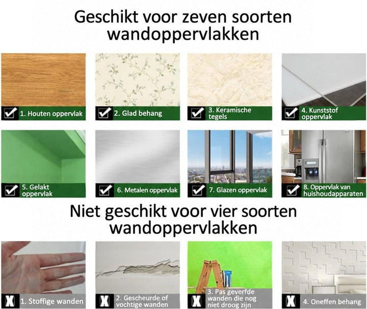 Overzicht van oppervlakken waarop de spiegel past, zoals hout, behang, tegels, glas en metaal, en oppervlakken waarop hij niet past, zoals stoffige of vochtige 5