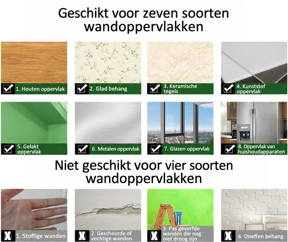 Overzicht met foto's van geschikte ondergronden zoals hout, tegels en glas, en ongeschikte zoals stoffige of vochtige muren 5