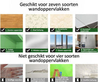 Overzicht met foto's van geschikte ondergronden zoals hout, tegels en glas, en ongeschikte zoals stoffige of vochtige muren 5