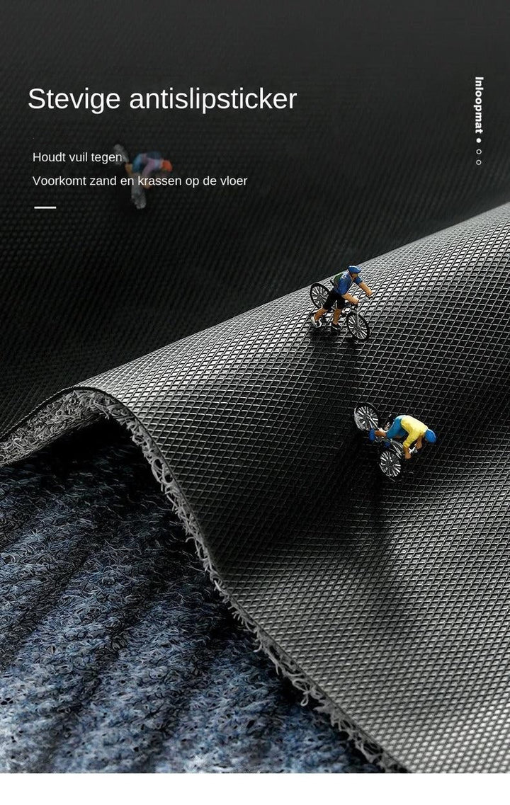 Omgeslagen mat toont de antislip ruitjeslaag aan de onderkant, met miniatuurfietsers erop 11