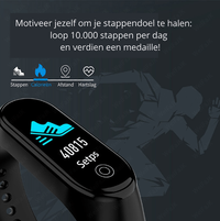 Close-up van het scherm met een stappenteller en pictogrammen voor calorieën, afstand en hartslag 4