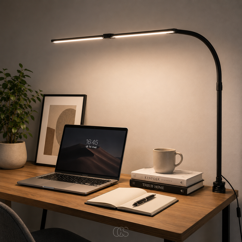 Aan een houten bureau geklemde lamp met warm licht boven laptop, opengeslagen notitieboek, koffiemok en stapel boeken 8